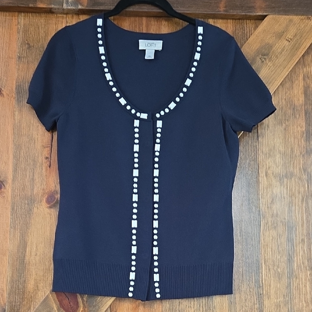 Easter Brunch Anne Taylor Loft Women's Navy Blue Sweater Full Snap Front  XS